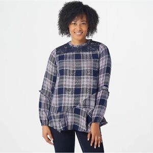 LOGO by Lori Goldstein Navy Plaid Lace Trim Ruffle Hem Blouse Size Large